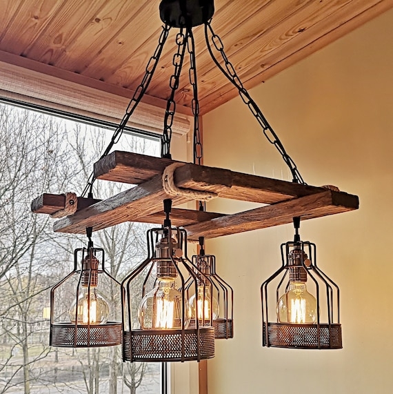 Wood Chandelier, Mesh Accents, Rope Wrap, 4-Light Rectangular Frame.