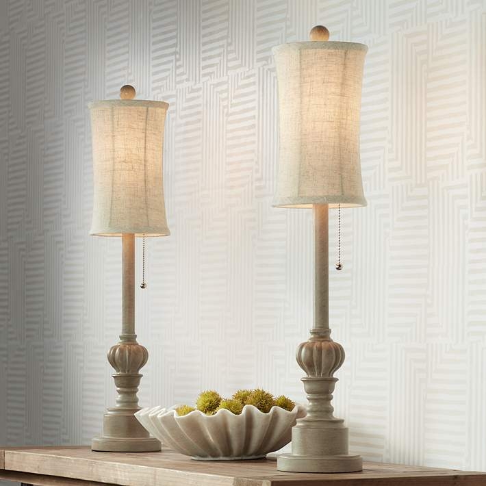 Wood Finish Buffet Lamps: Fluted Base & Concave Linen Shade (64 chars)