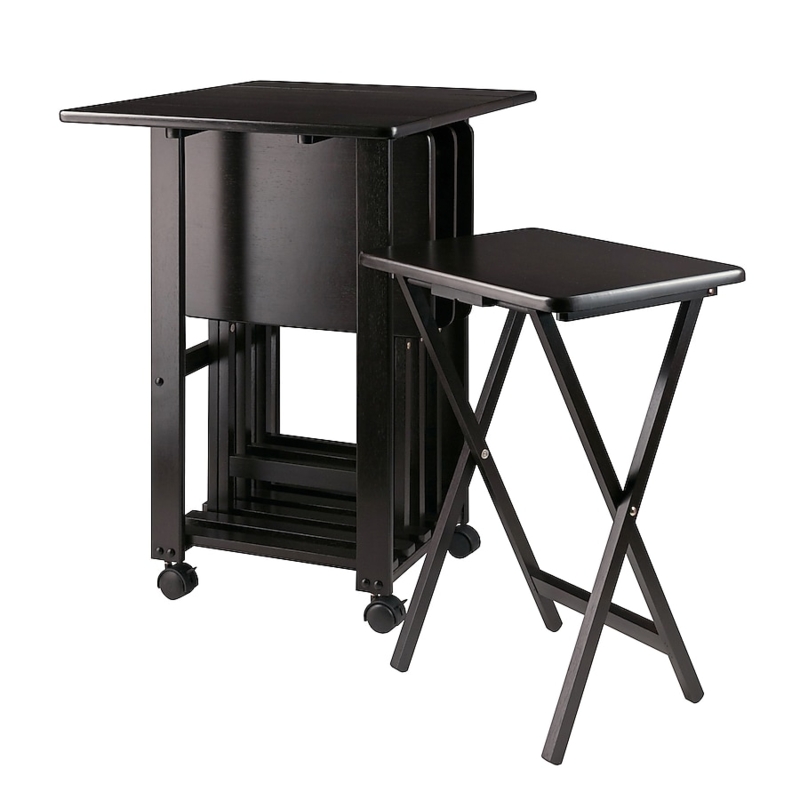 Wood Folding TV Tray Set Coffee Finish Rolling Storage Rack Mobile