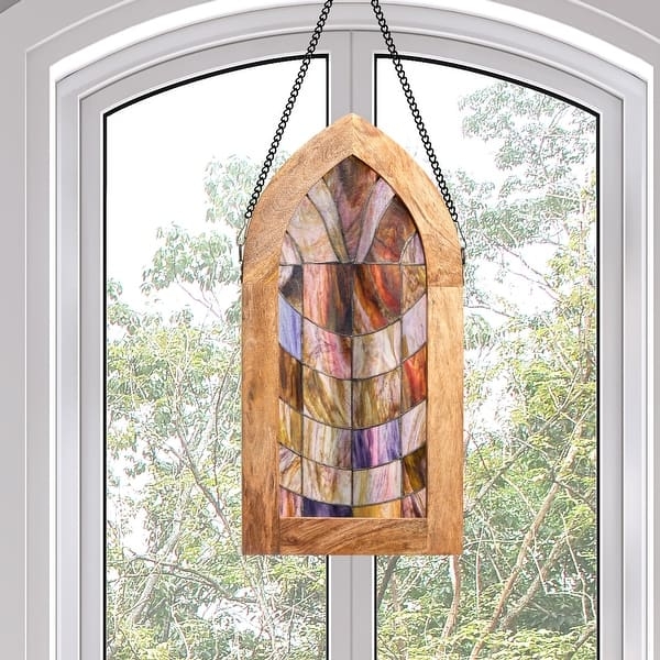 Wood Framed Stained Glass Panel Arched Victorian Gothic Multicolored