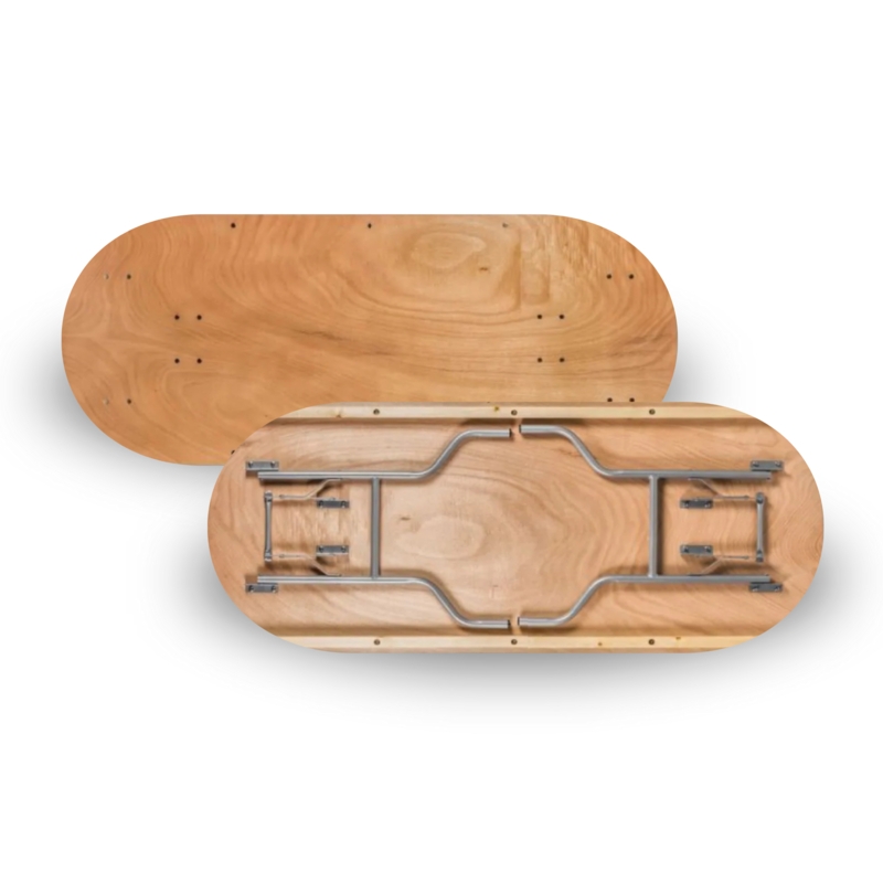 Wood-Grain Event Tables with Wishbone Legs and Locking Banquet Mechanism