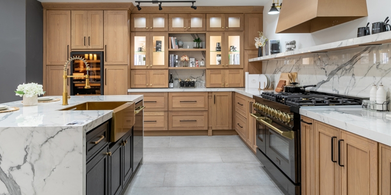 Wood Grain Shaker Cabinets with Black Island Base
