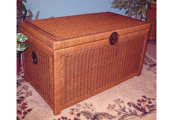 Wood-Lined Rattan Storage Trunk with Tea Wash Finish and Braided Border