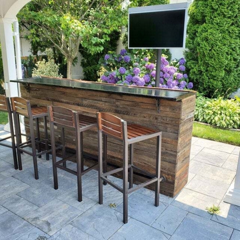 Wood Outdoor Bar with Horizontal Planks and Metal Stools