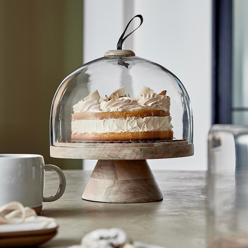 Wood Pedestal Cake Stand Glass Cloche Leather Handle Rustic Modern