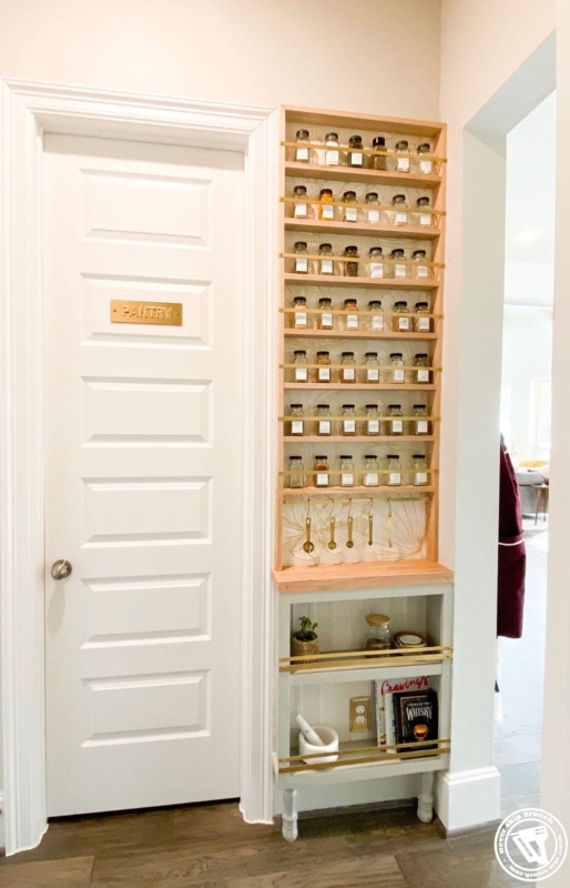 Wood Spice Rack with Brass Rails Botanical Backing Modern Farmhouse