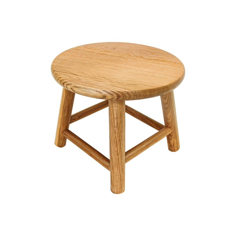 Wood Stool Solid Oak Round Seat Satin Finish Square Bracing Minimalist