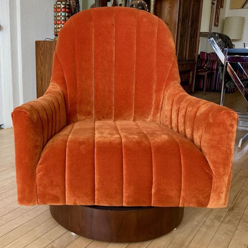 Wood-Toned Drum Base Swivel Chair, Vibrant Orange Channel Tufting
