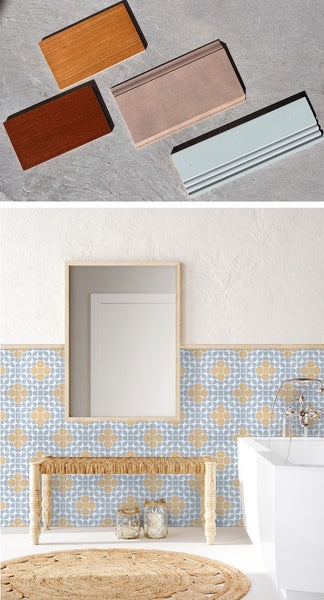 Wood Toned Tile Trim Samples showing Fluted and Stepped Profiles