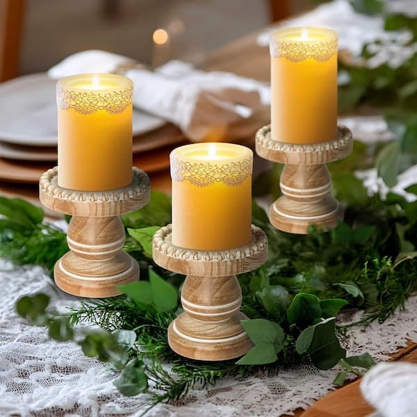 Wooden Candle Holder Set Beaded Rim Turned Pedestal Cottagecore Farmhouse