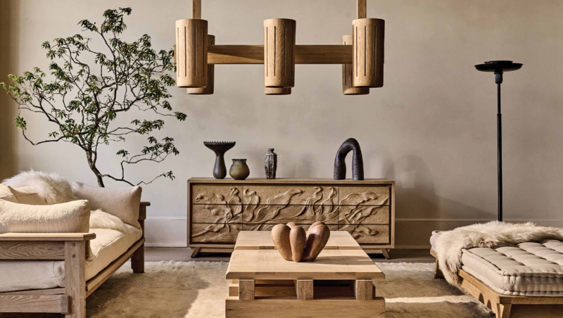 Wooden Chandelier Slatted Shades Organic Interior Design Piece