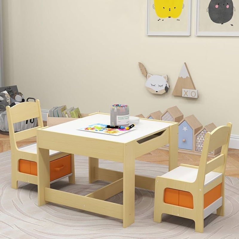 Wooden Kids Activity Table with Built-In Bookshelves and Orange Bins
