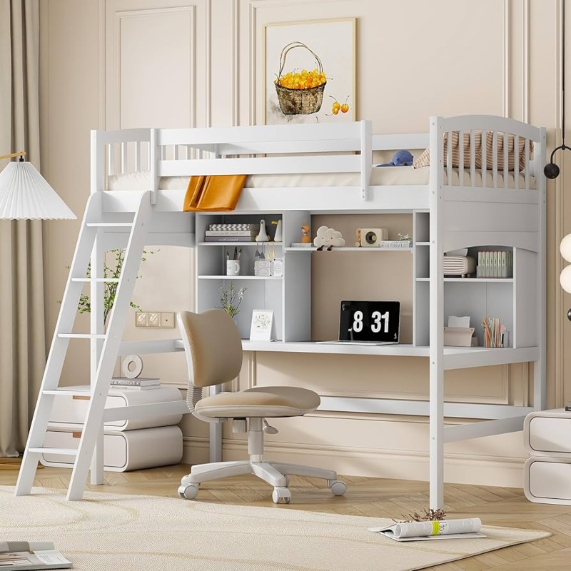 Wooden Loft Bed Frame With Full-Length Desk And Shelving, White Finish