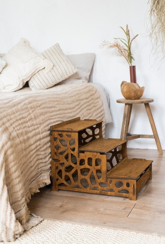 Wooden Pet Steps with Organic Cutouts Boho Modern Style