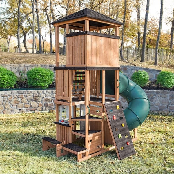 Wooden Playhouse Three-Story Tower with Spiral Tube Slide & Kitchen