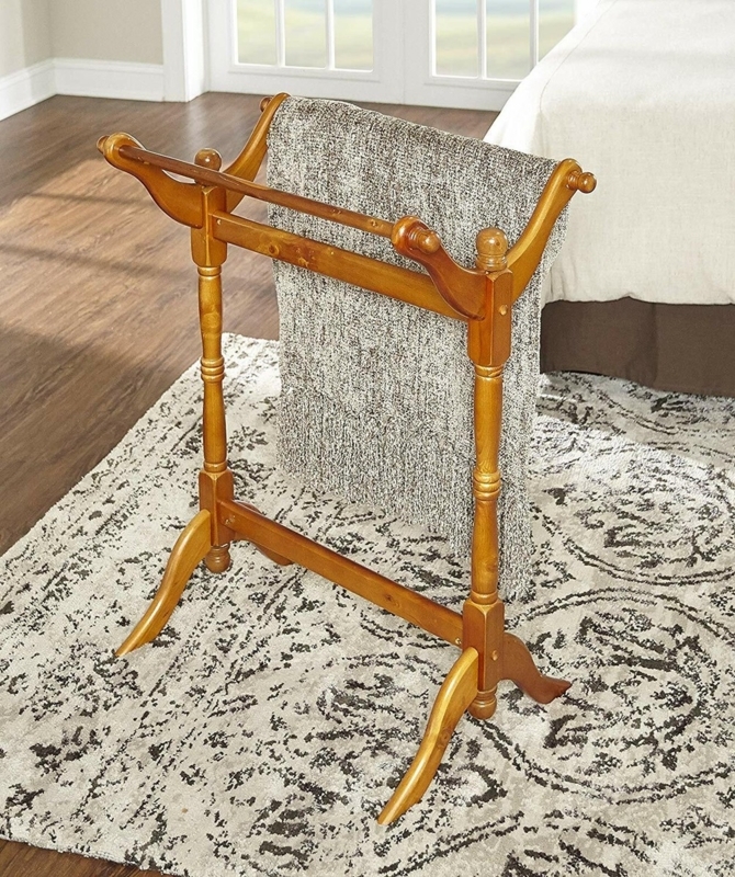 Wooden Quilt Rack Stand Curved Side Arms Ball Finials Honey Oak Finish