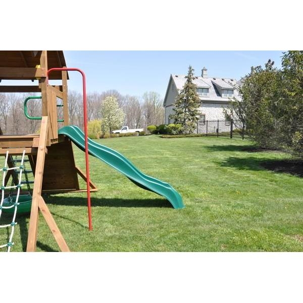 Wooden Swing Set Accessory featuring Red Fireman Pole, Wavy Green Slide
