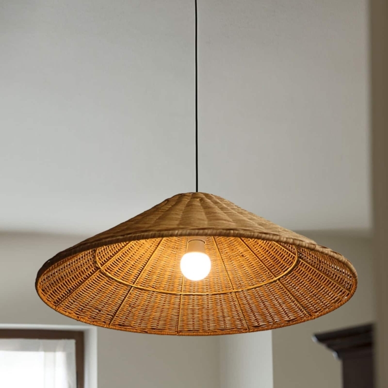 Woven Bamboo Pendant Light Tapered Shade with Radial Ribs Wabi Sabi