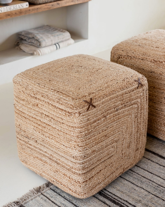 Woven Cube Pouf Cross Stitch Detail Natural Fiber