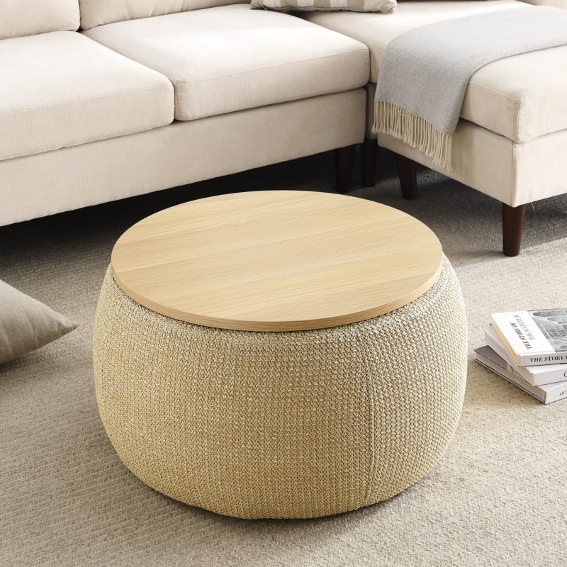 Woven Drum Storage Ottoman with Wooden Tray Lid