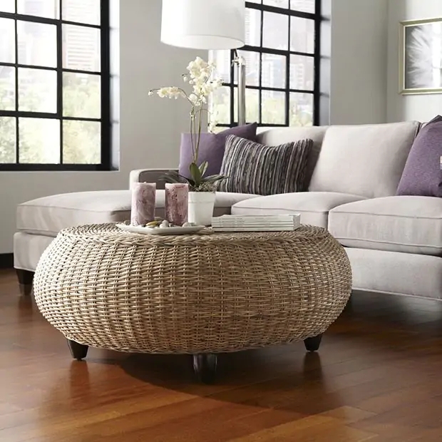 Woven Ottoman in Dense Kubu Weave, Oversized Round Footstool, Gray