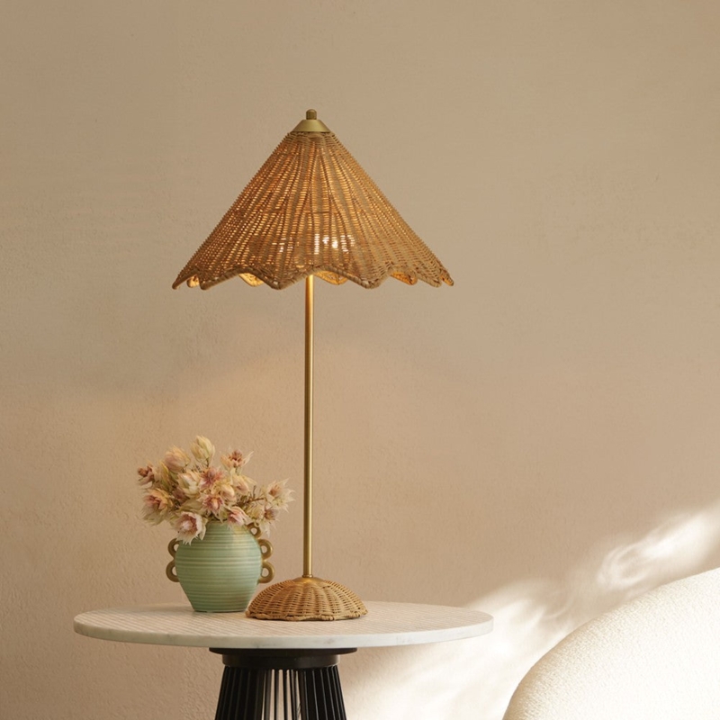 Woven Parasol Table Lamp with Scalloped Rattan Shade and Brass Stem