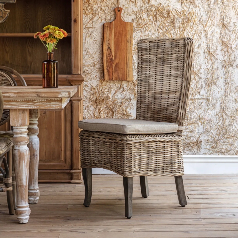 Woven Rattan Dining Chair High Back Weathered Gray Legs Apron Skirt