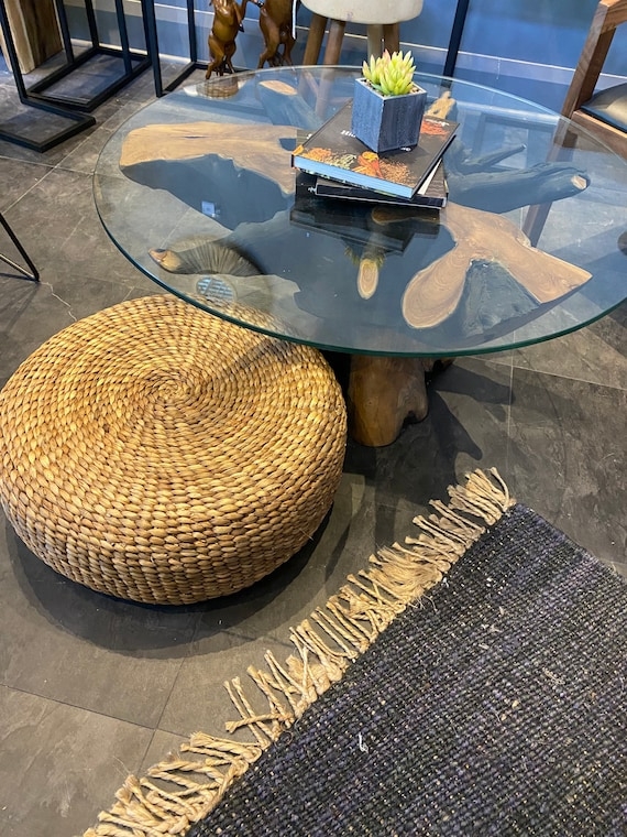 Woven Rattan Floor Pouf Concentric Weave Live Edge Base