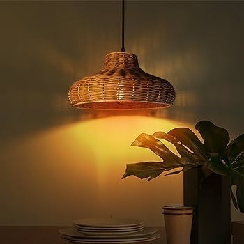 Woven Rattan Pendant Light Bell Shape Small Textured Amber Glow
