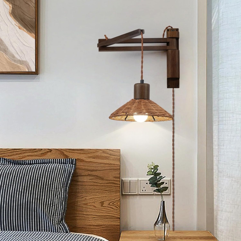 Woven Rattan Wall Sconce with Wood Swing Arm and Plug-In Design