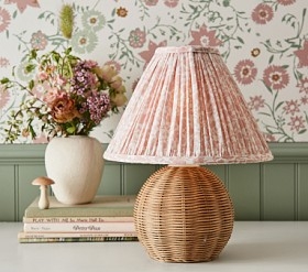 Woven Spherical Table Lamp with Rattan Base and Pleated Floral Shade