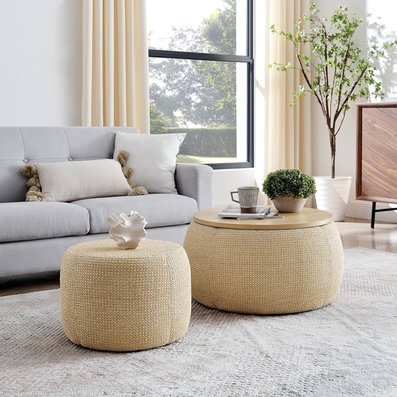 Woven Storage Ottoman Set Nested Rattan Fabric Lids