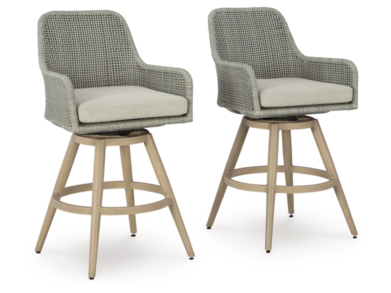 Woven Swivel Barstools in Grey-Green Wicker with Tapered Legs
