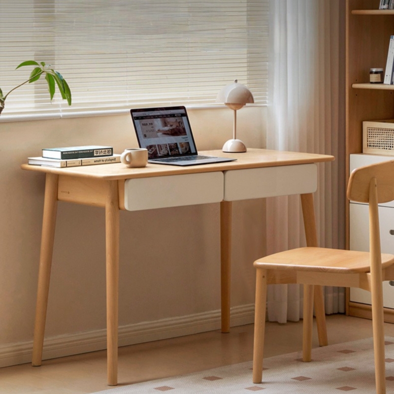 Writing Desk in Natural Beech with Off-White Drawers