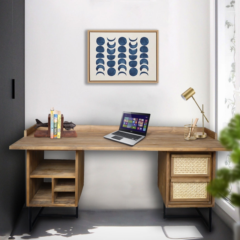 Writing Desk Rattan Cane Drawers Asymmetric Base Coastal Modern