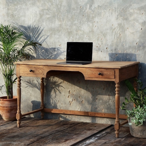 Writing Desk Vintage Turned Legs Reclaimed Teak Stretcher Base