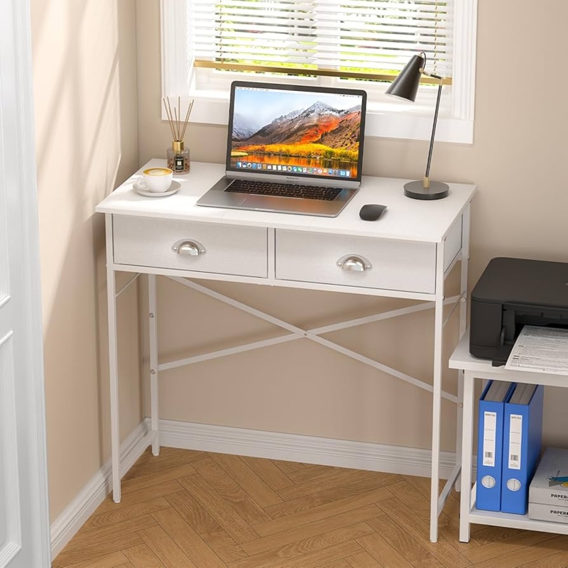 Writing Desk with Cup Pull Handles and X-Brace Frame, White