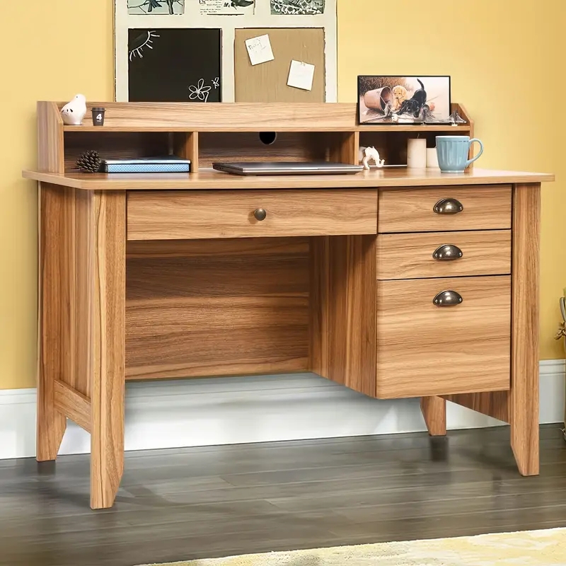 Writing Desk with Integrated Hutch and Bin Pull Handles, Oak