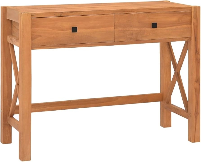 Writing Desk X-Leg Design Rustic Teak Square Knobs Farmhouse