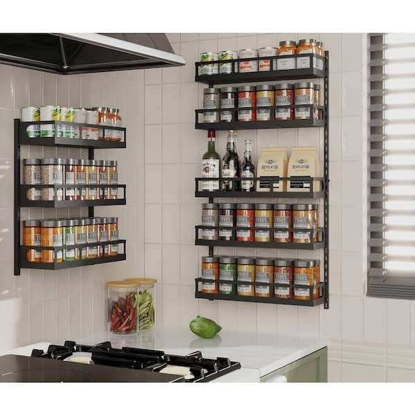 Wudkey 5-Tier Black Metal Height-Adjustable Hanging Spice Racks, Wall- Mounted Vertical Spice Rack Organizer for Various Jars YR1R26_8 - The Home  Depot