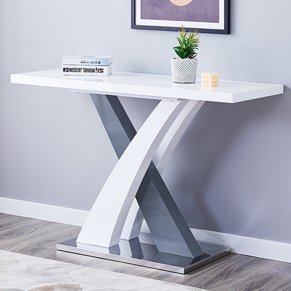 X-Frame Console Table with Bicolor Grey and White Pedestal Legs