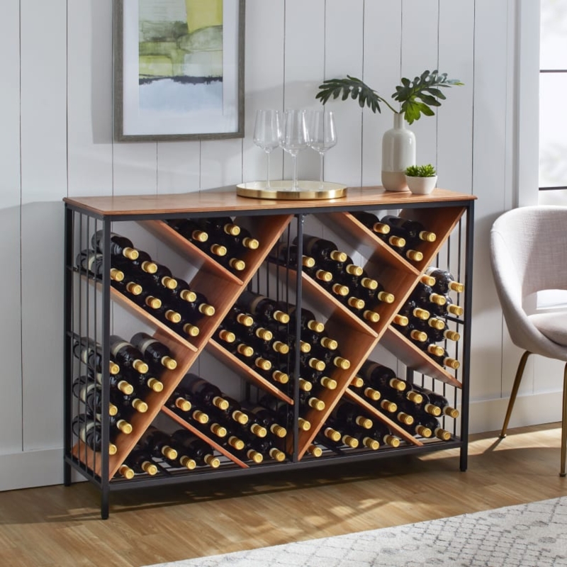 X-Frame Wine Console with Vertical Slat Sides and Wood Top Surface