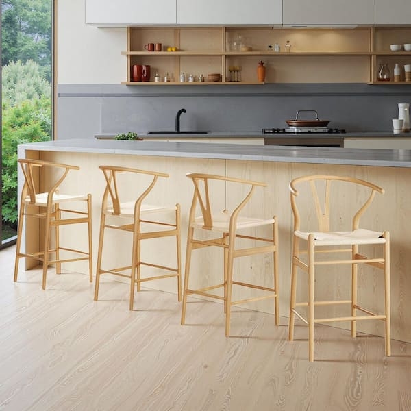 Y-Back Island Chair, Natural Wood Frame with Woven Fiber Seat.