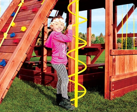 Yellow Corkscrew Playground Climber with Integrated Picnic Table Base