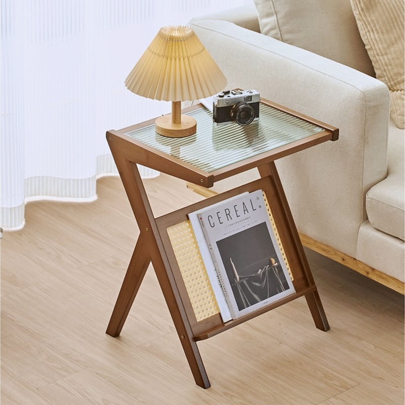 Z-Shaped Bamboo End Table with Fluted Glass Top & Magazine Rack