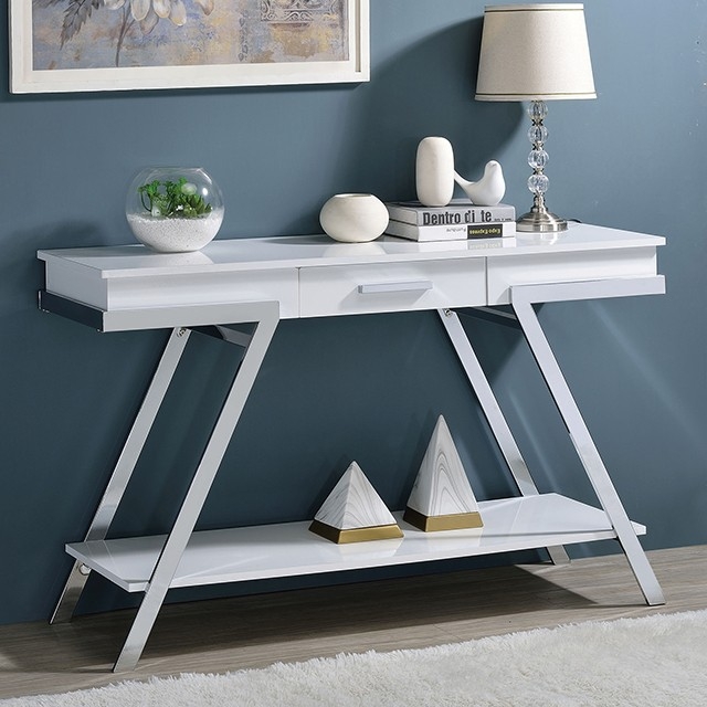 Z-Shaped Console Table with Chrome Legs and Central Drawer
