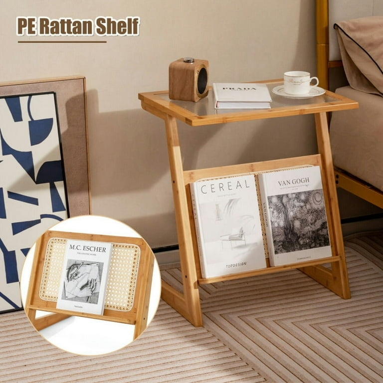 Z-Shaped Side Table with Reeded Glass Top & Rattan Magazine Rack