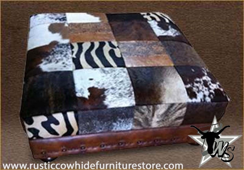 Zebra Print Hide Ottoman: Square Patchwork Cowhide & Bun Feet