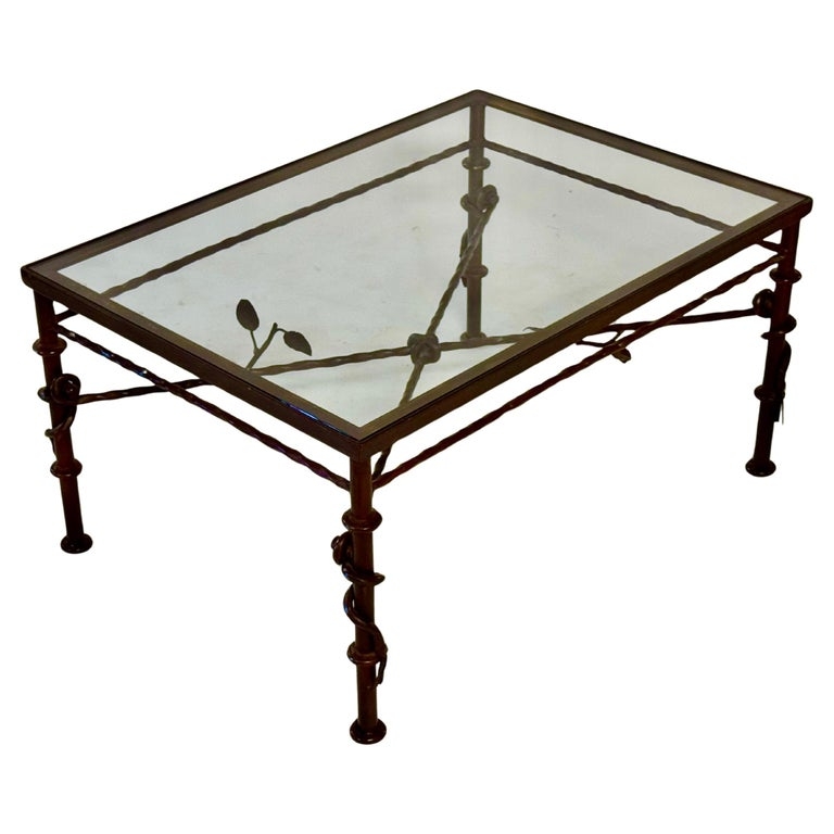 1970s Giacometti Style Forged Wrought Iron & Glass Rectangle Coffee Table