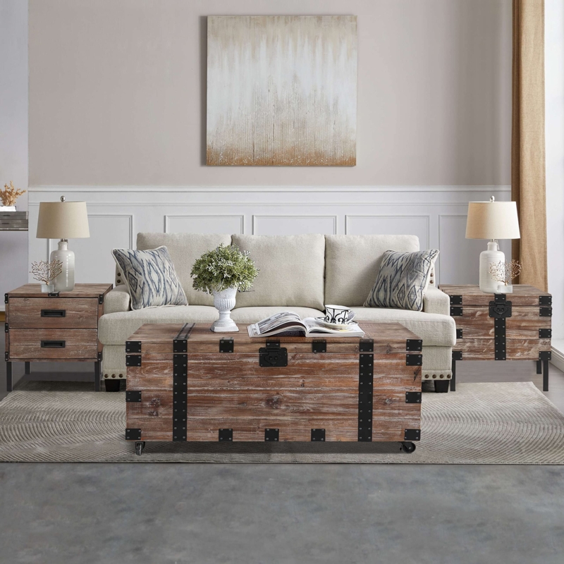 3-Piece Coffee Table Set with Storage Trunk and Wheels